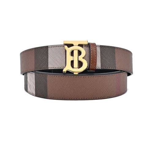 BURBERRY TB LOGO格紋拼皮革雙面兩用皮帶(深樺木棕)