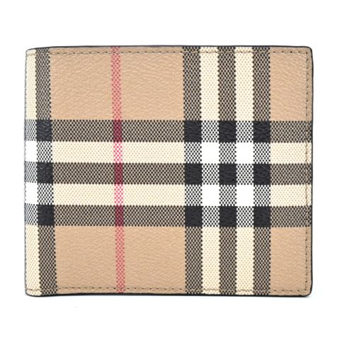 BURBERRY  Vintage 經典格紋帆布對開短夾(卡其)