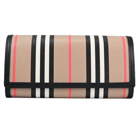 BURBERRY 8073080 HALTON 英式條紋拼接釦式長夾.黑邊