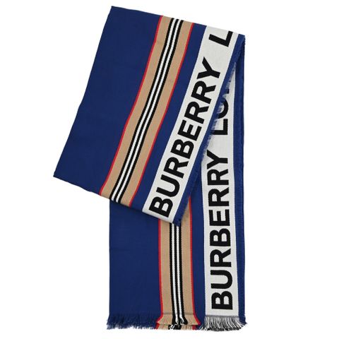 BURBERRY 撞色條紋印花保暖長圍巾/披肩.藍