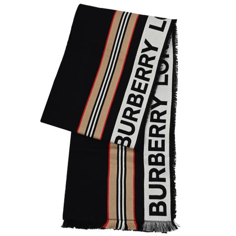 BURBERRY 撞色條紋印花保暖長圍巾/披肩.黑