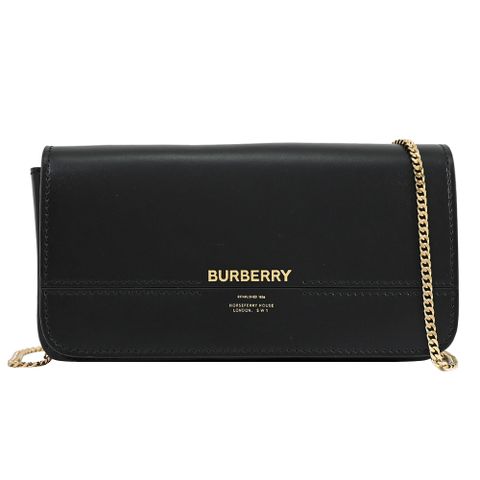 BURBERRY 8067282 Grace 燙印LOGO小牛皮翻蓋斜鍊包.黑