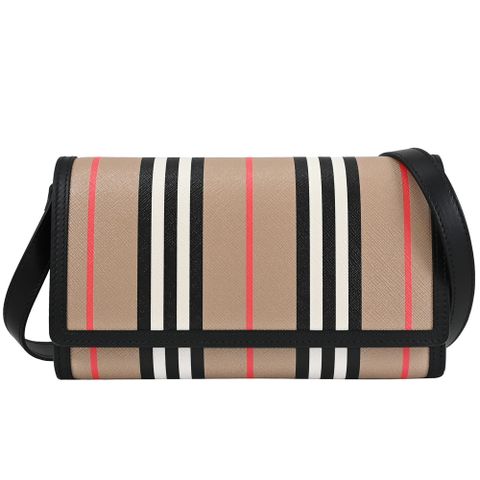 BURBERRY 8073073 HANNAH 英式條紋多卡翻蓋斜背包.黑邊