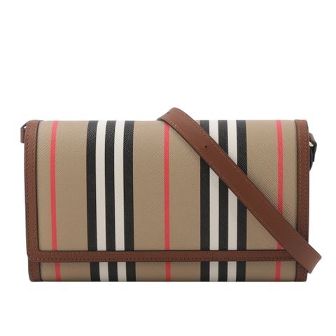 BURBERRY Hannah Icon Stripe 經典條紋皮夾式斜背包(米色/棕褐色)