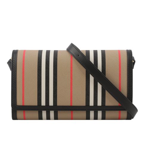 BURBERRY Hannah Icon Stripe 經典條紋皮夾式斜背包(米色/黑色)