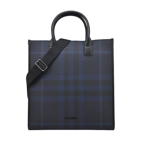 BURBERRY Denny 經典格紋帆布直立托特包(海軍藍)