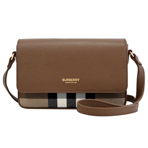 BURBERRY 8084500 Hampshire 經典格紋拼接牛皮翻蓋斜背方包.咖