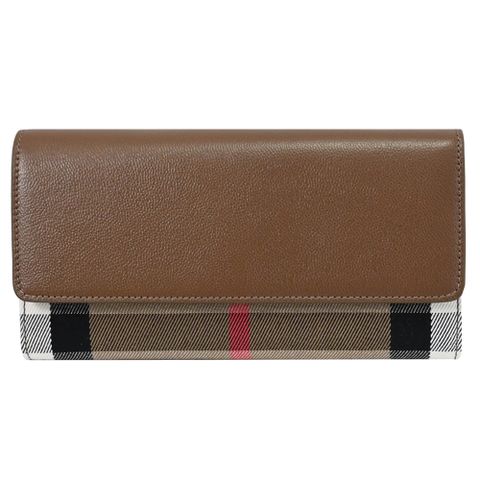 BURBERRY 8084529 HALTON 經典格紋拼接翻蓋釦式長夾.咖邊