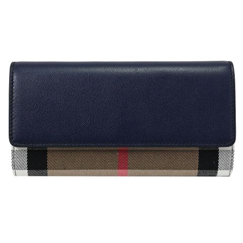 BURBERRY 8084530 HALTON 經典格紋拼接翻蓋釦式長夾.深藍邊