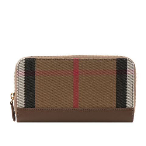 BURBERRY 格紋拼皮革ㄇ型拉鍊長夾(土棕色) 80845151