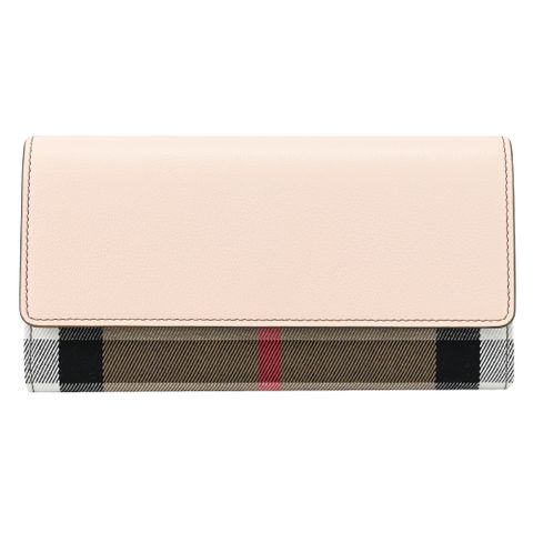 BURBERRY 8084532 HALTON 經典格紋拼接翻蓋釦式長夾.淺粉邊