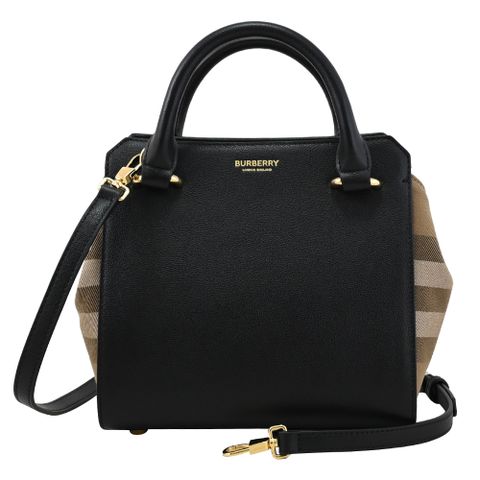 BURBERRY 8084024 BANWELL 質感牛皮拼接格紋棉麻手提斜背兩用包.黑
