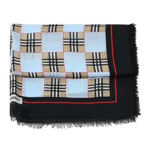 BURBERRY 8084870 滿版格紋撞色混紡薄圍巾.淺藍/卡其