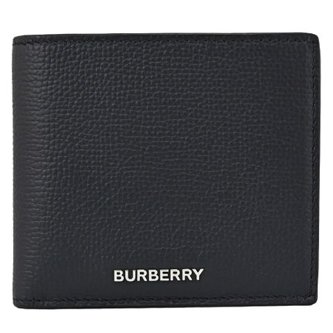 BURBERRY 簡約金屬LOGO牛皮對開零錢短夾.黑藍