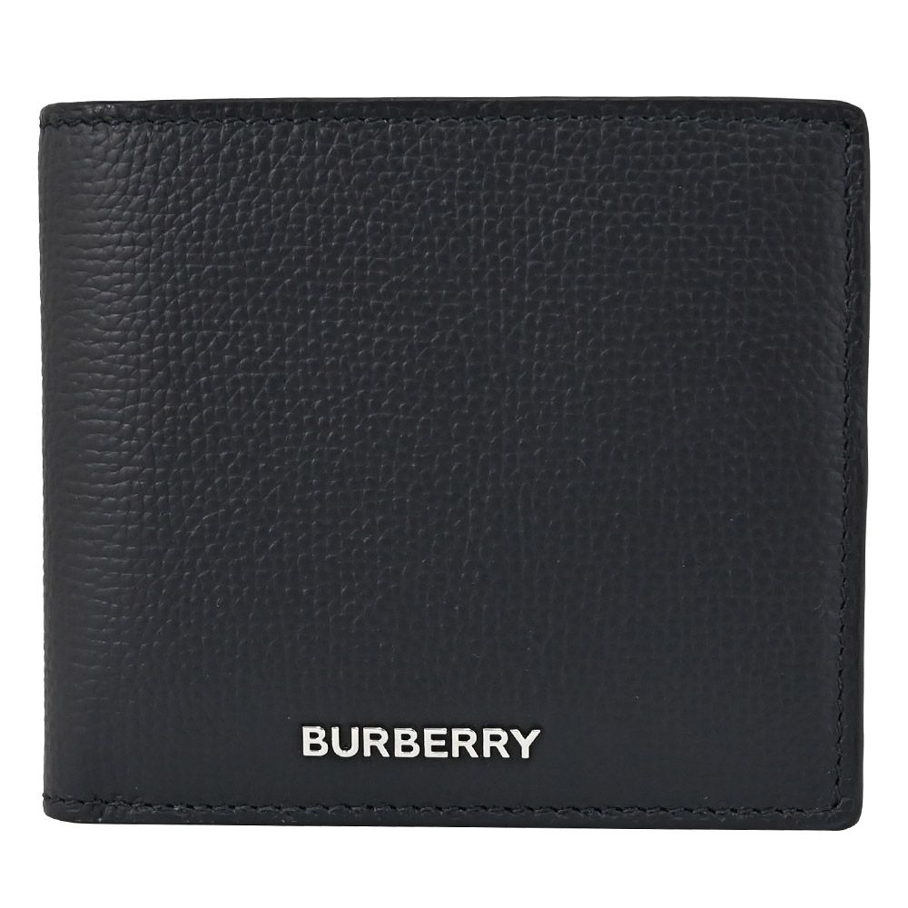 BURBERRY 簡約金屬LOGO牛皮對開8卡短夾.黑藍