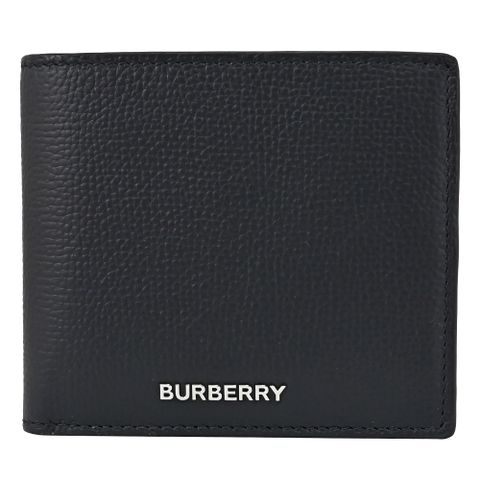 BURBERRY 簡約金屬LOGO牛皮對開8卡短夾.黑藍