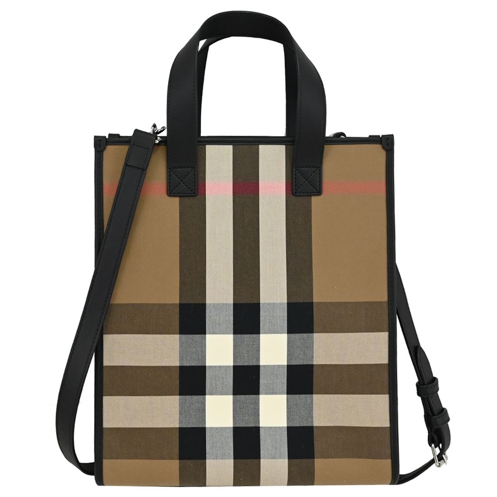 BURBERRY BOOK TOTE 質感牛皮拼接格紋帆布手提斜背兩用包.黑邊