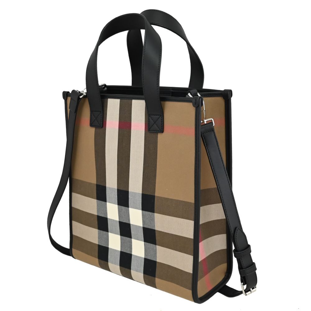 BURBERRY BOOK TOTE 質感牛皮拼接格紋帆布手提斜背兩用包.黑邊