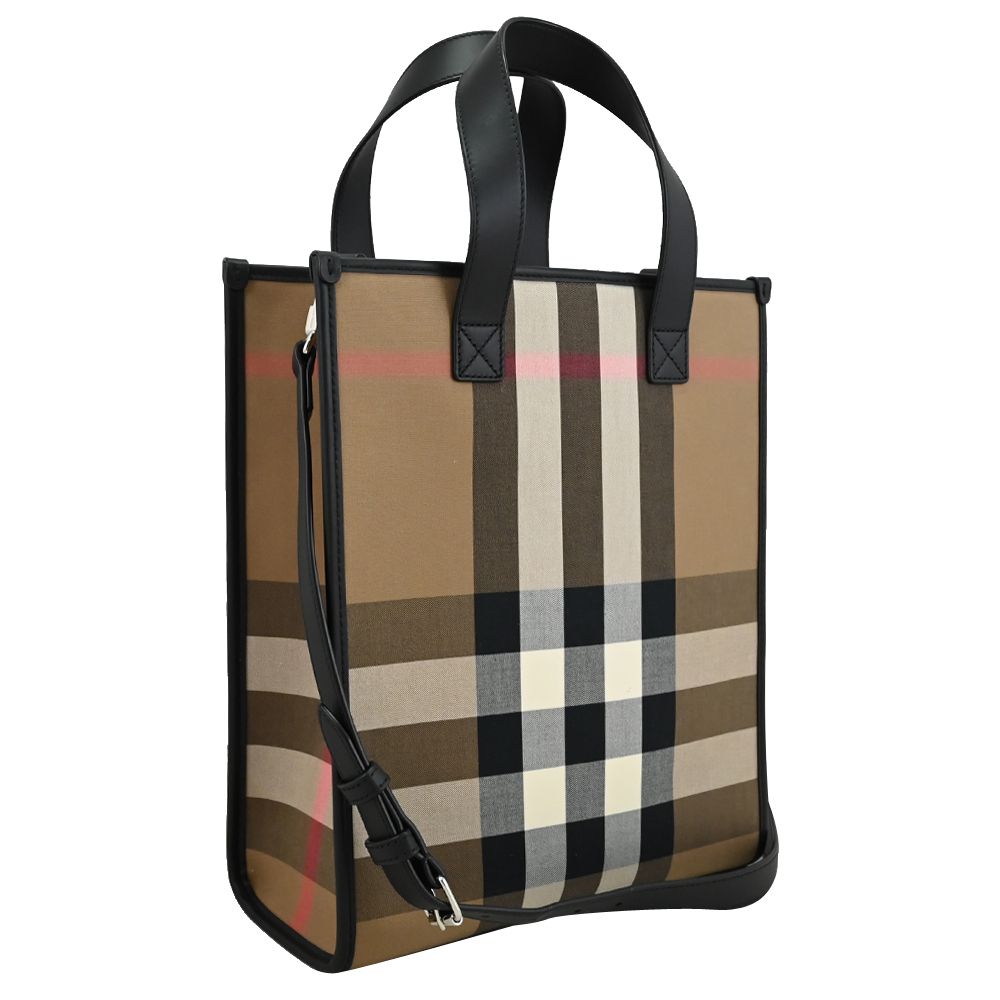 BURBERRY BOOK TOTE 質感牛皮拼接格紋帆布手提斜背兩用包.黑邊