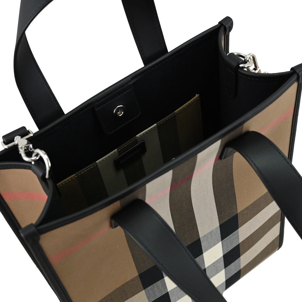 BURBERRY BOOK TOTE 質感牛皮拼接格紋帆布手提斜背兩用包.黑邊