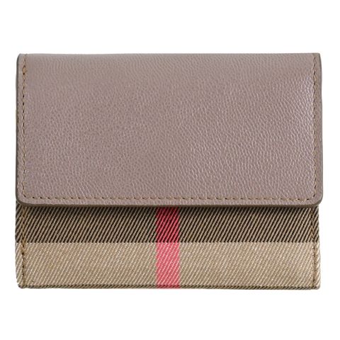 BURBERRY 8084537 LANCASTER 牛皮拼接格紋帆布扣式零錢短夾.芋粉