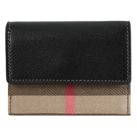 BURBERRY 8084032 LANCASTER 牛皮拼接格紋帆布扣式零錢短夾.黑