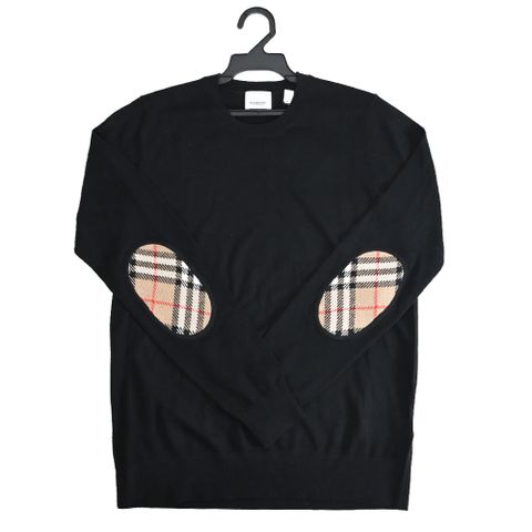 BURBERRY 8091034 BEMPTON 品牌格紋裝飾羊毛長袖針織衫.黑