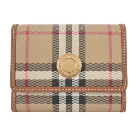 BURBERRY 浮雕LOGO格紋皮革小型三折短夾(卡其)