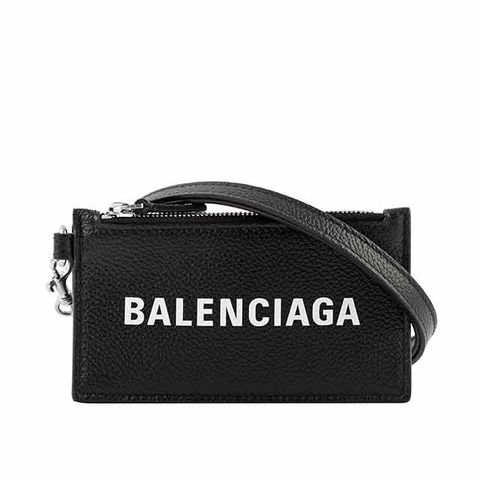 BALENCIAGA 巴黎世家 經典Logo牛皮小款卡片夾(附可拆式掛繩)(黑色) 594548 1IZI3 1090