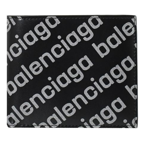 BALENCIAGA 巴黎世家 滿版LOGO印花小牛皮對開8卡短夾.黑銀