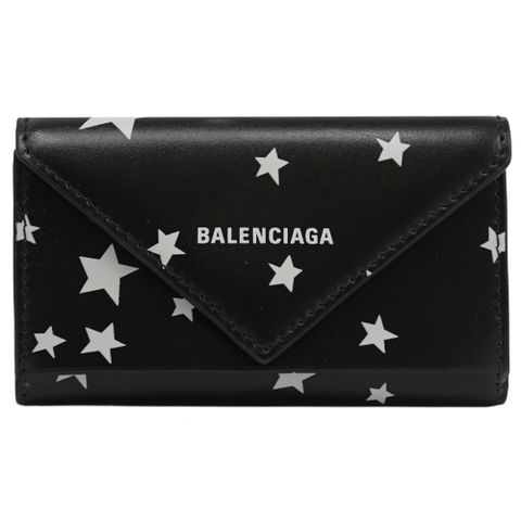 BALENCIAGA 巴黎世家 星星印花小牛皮三折釦式鑰匙包.黑