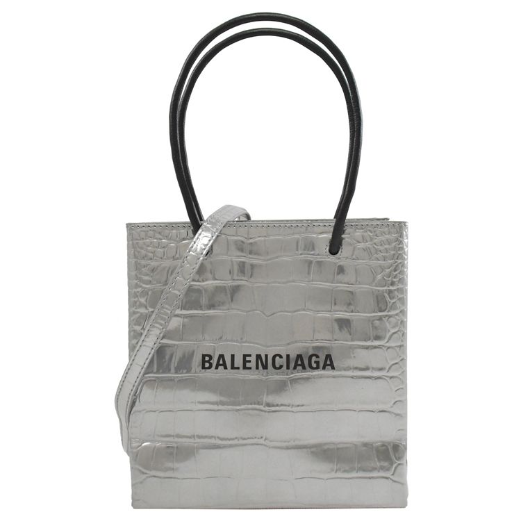 BALENCIAGA 巴黎世家   Shopping XXS 鱷魚壓紋兩用紙袋包.銀