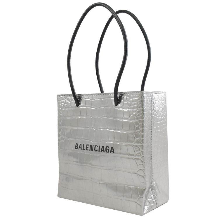 BALENCIAGA 巴黎世家   Shopping XXS 鱷魚壓紋兩用紙袋包.銀