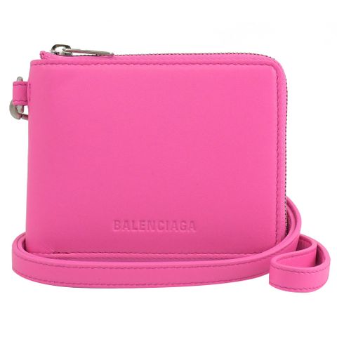BALENCIAGA 巴黎世家 659224 烙印LOGO頸掛牛皮拉鍊零錢短夾.桃