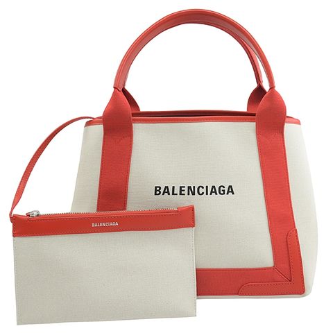 BALENCIAGA 巴黎世家 NAVY 厚帆布皮飾邊手提托特包.紅邊