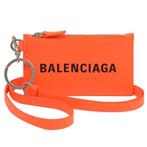 BALENCIAGA 巴黎世家 品牌LOGO頸掛牛皮證件零錢包.螢光橘