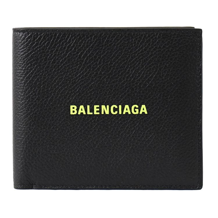 BALENCIAGA 巴黎世家   燙印LOGO牛皮對開8卡短夾.黑/螢光黃