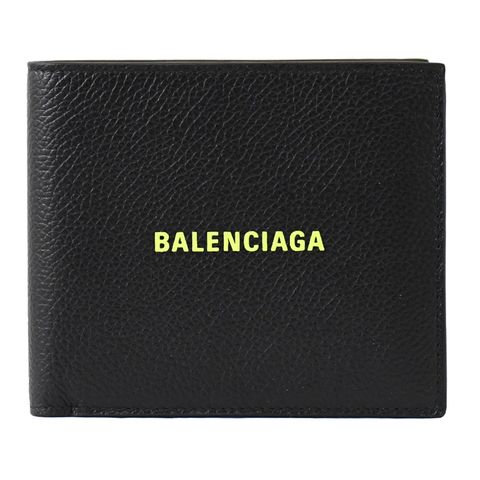 BALENCIAGA 巴黎世家 燙印LOGO牛皮對開8卡短夾.黑/螢光黃