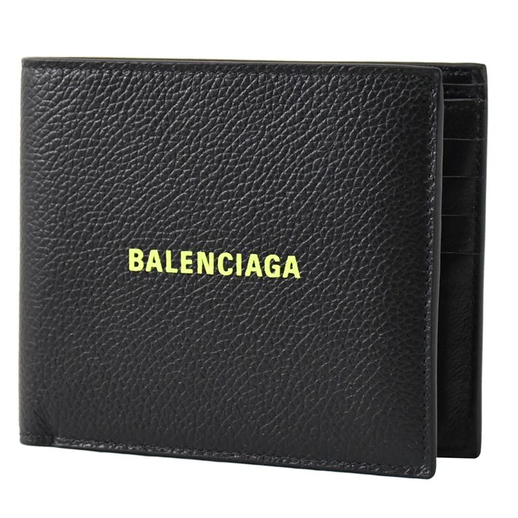 BALENCIAGA 巴黎世家   燙印LOGO牛皮對開8卡短夾.黑/螢光黃