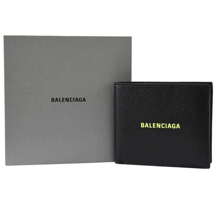 BALENCIAGA 巴黎世家   燙印LOGO牛皮對開8卡短夾.黑/螢光黃