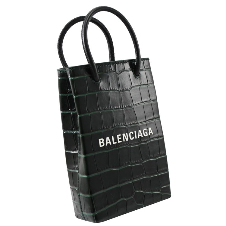 BALENCIAGA 巴黎世家 Shopper鱷魚壓紋兩用迷你紙袋包.深綠