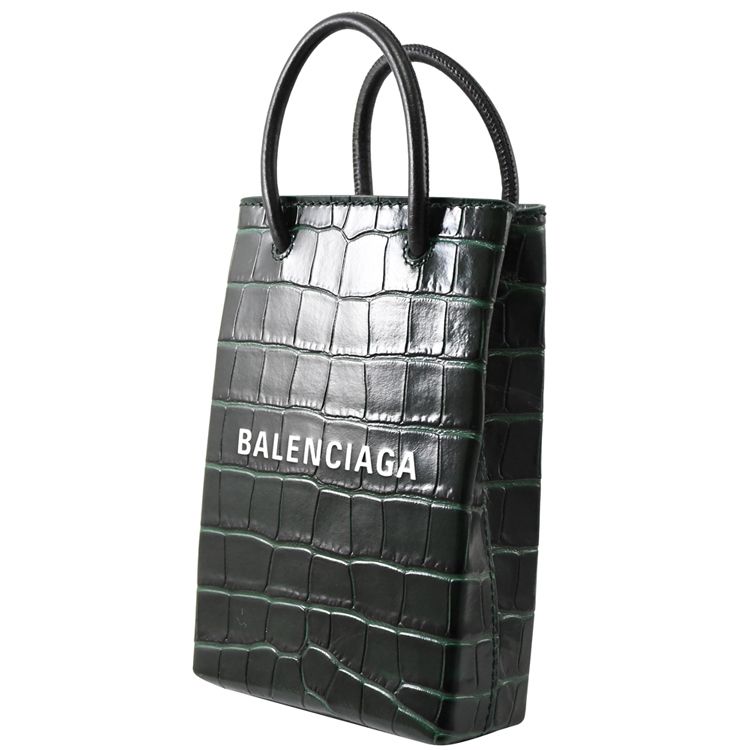 BALENCIAGA 巴黎世家 Shopper鱷魚壓紋兩用迷你紙袋包.深綠