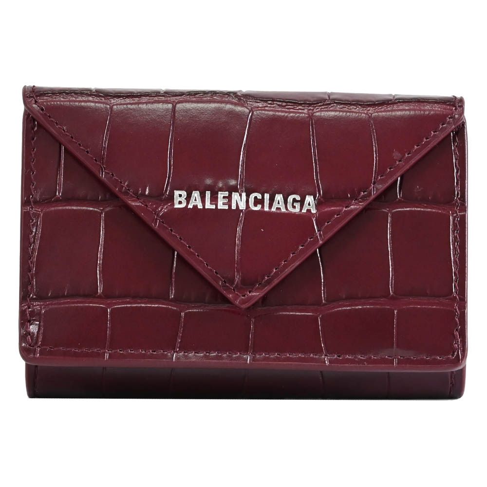 BALENCIAGA 巴黎世家   Papier 鱷魚壓紋牛皮三折小短夾.酒紅