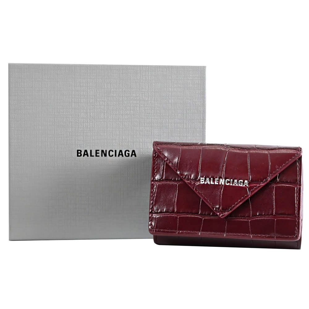 BALENCIAGA 巴黎世家   Papier 鱷魚壓紋牛皮三折小短夾.酒紅