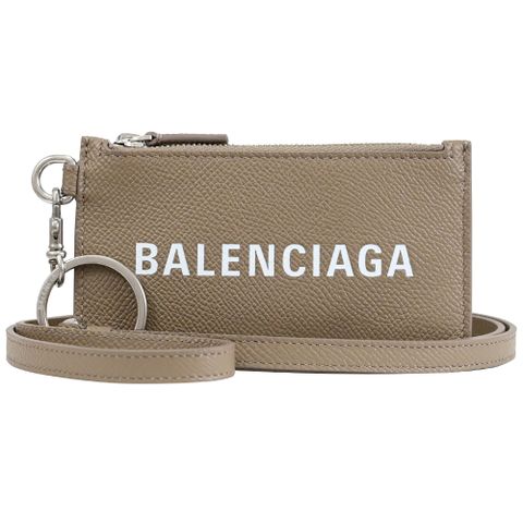 BALENCIAGA 巴黎世家 品牌LOGO頸掛牛皮證件零錢包.大象灰