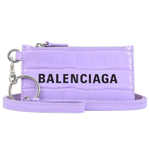 BALENCIAGA 巴黎世家 鱷魚紋牛皮頸掛式卡片零錢包.粉紫色