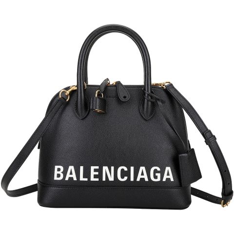 BALENCIAGA 巴黎世家 Ville Emma 大款 品牌字母牛皮手提/肩背貝殼包(黑色)