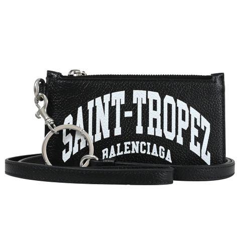 BALENCIAGA 巴黎世家 594548 Saint-Tropez印花斜背頸掛牛皮證件零錢包.黑