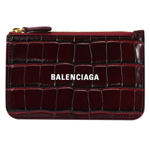 BALENCIAGA 巴黎世家 經典印字LOGO鱷魚壓紋零錢卡包.酒紅