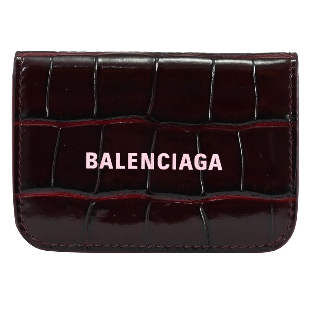 BALENCIAGA 巴黎世家   鱷魚壓紋牛皮三折零錢小短夾.酒紅/粉LOGO